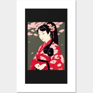 Ukiyo-e Japanese Art - Beautiful Long-haired Woman Sitting Under Cherry Blossoms Posters and Art